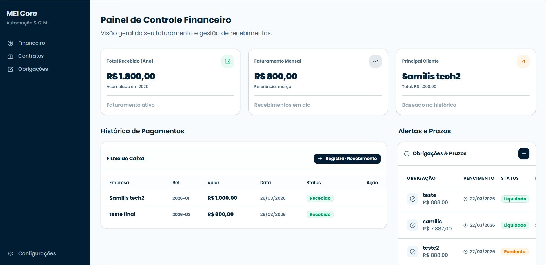 Preview do MEI Core - Painel de controle financeiro para MEI